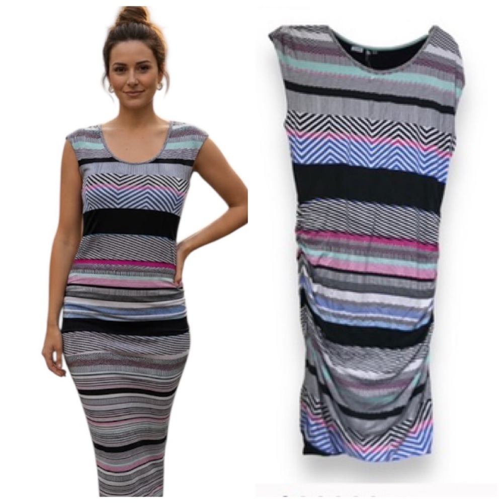 KUT from The Kloth NEW Jersey Ruched Stretch Striped Midi Dress Minimalist Lined